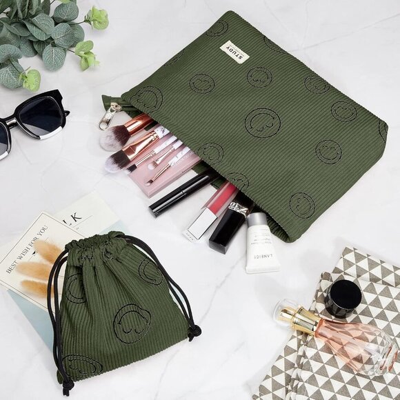 WLLWOO Makeup Bag-2pcs Smile Face Corduroy Cosmetic Bag Zipper Interior Waterpro - Picture 3 of 9